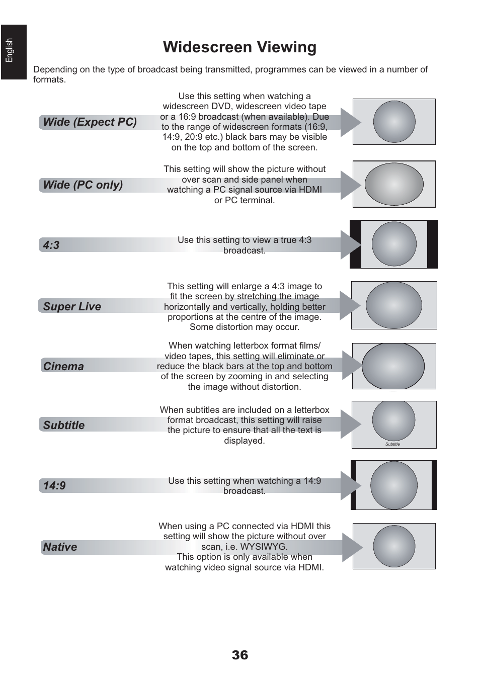 Widescreen viewing | Toshiba AV933 User Manual | Page 36 / 68