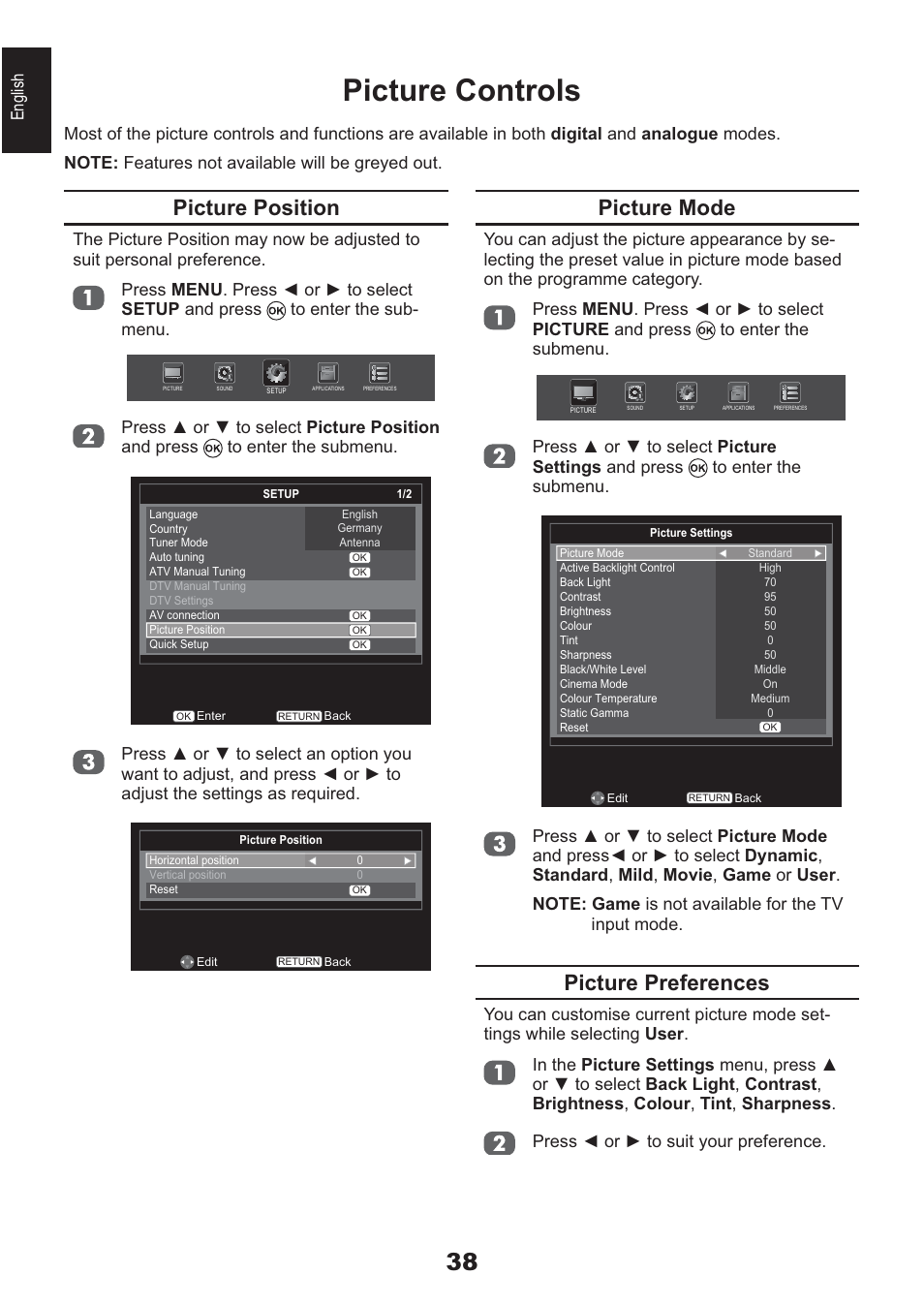 Picture controls, Picture position, Picture mode | Picture preferences, English | Toshiba AV933 User Manual | Page 38 / 68