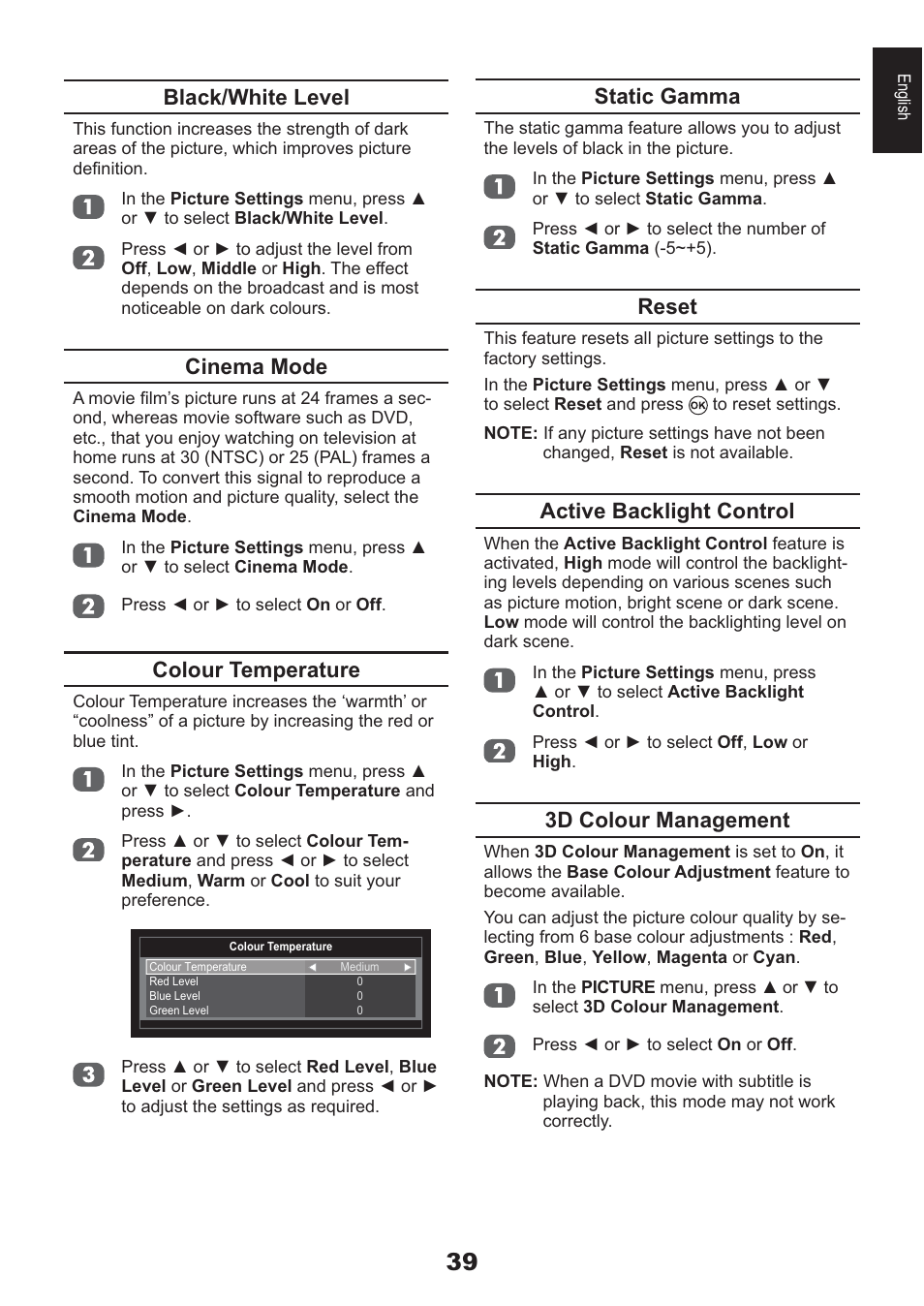 Black/white level, Cinema mode, Colour temperature | Static gamma, Reset, Active backlight control, 3d colour management | Toshiba AV933 User Manual | Page 39 / 68