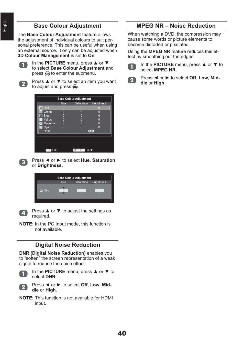 Base colour adjustment, Digital noise reduction, Mpeg nr – noise reduction | Toshiba AV933 User Manual | Page 40 / 68