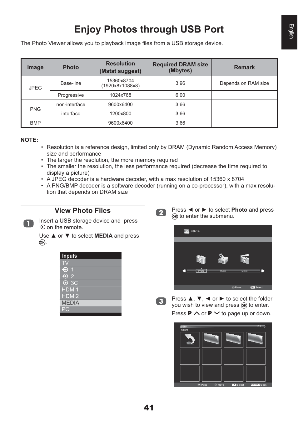 Enjoy photos through usb port, View photo files | Toshiba AV933 User Manual | Page 41 / 68