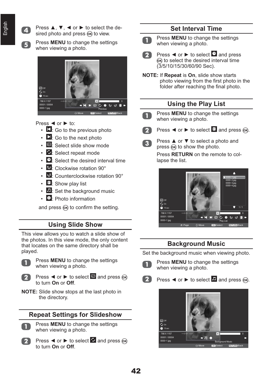 Using slide show, Repeat settings for slideshow, Set interval time | Using the play list, Background music | Toshiba AV933 User Manual | Page 42 / 68