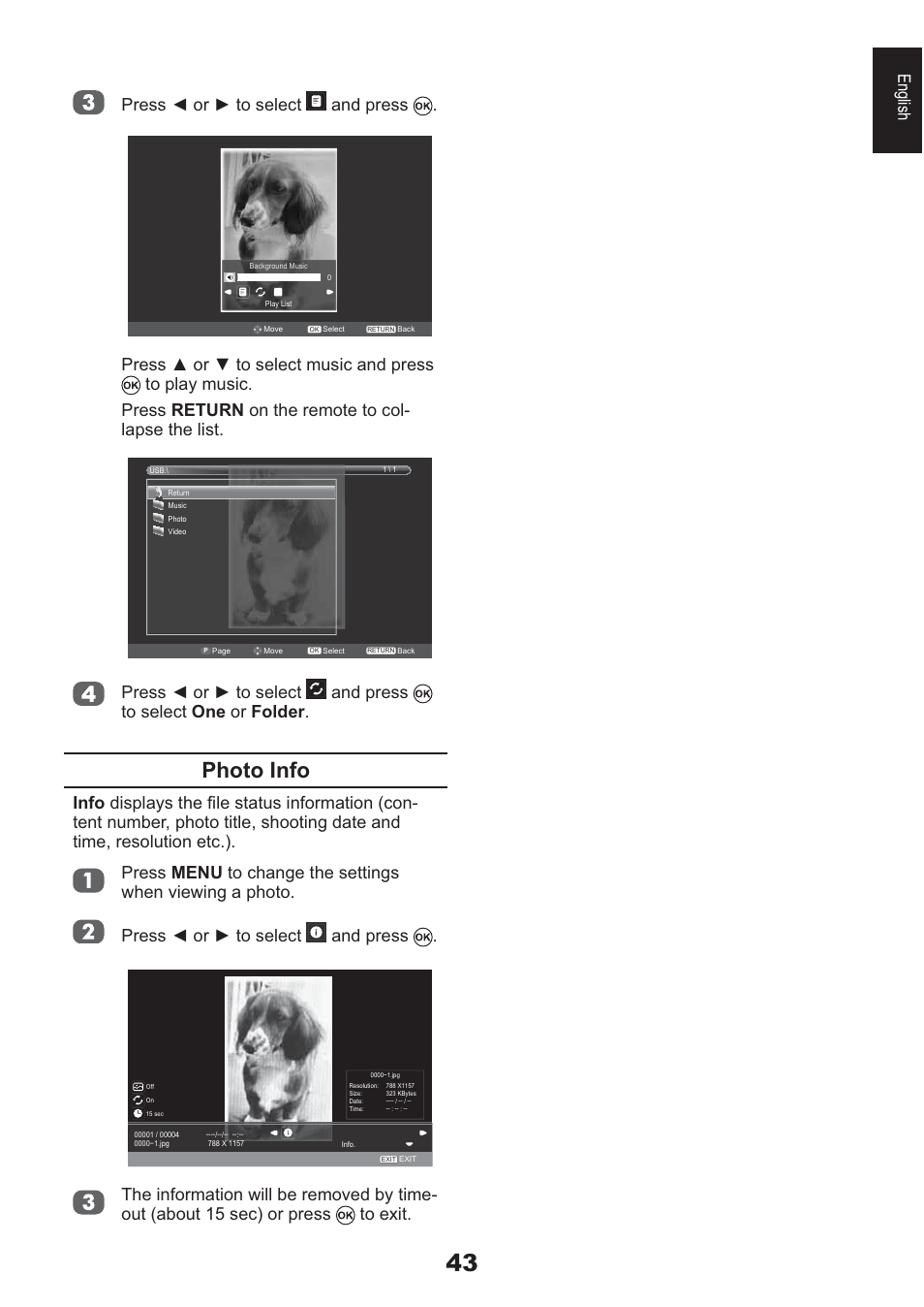 Photo info, English 3uhvv ż ru ź wr vhohfw and press | Toshiba AV933 User Manual | Page 43 / 68