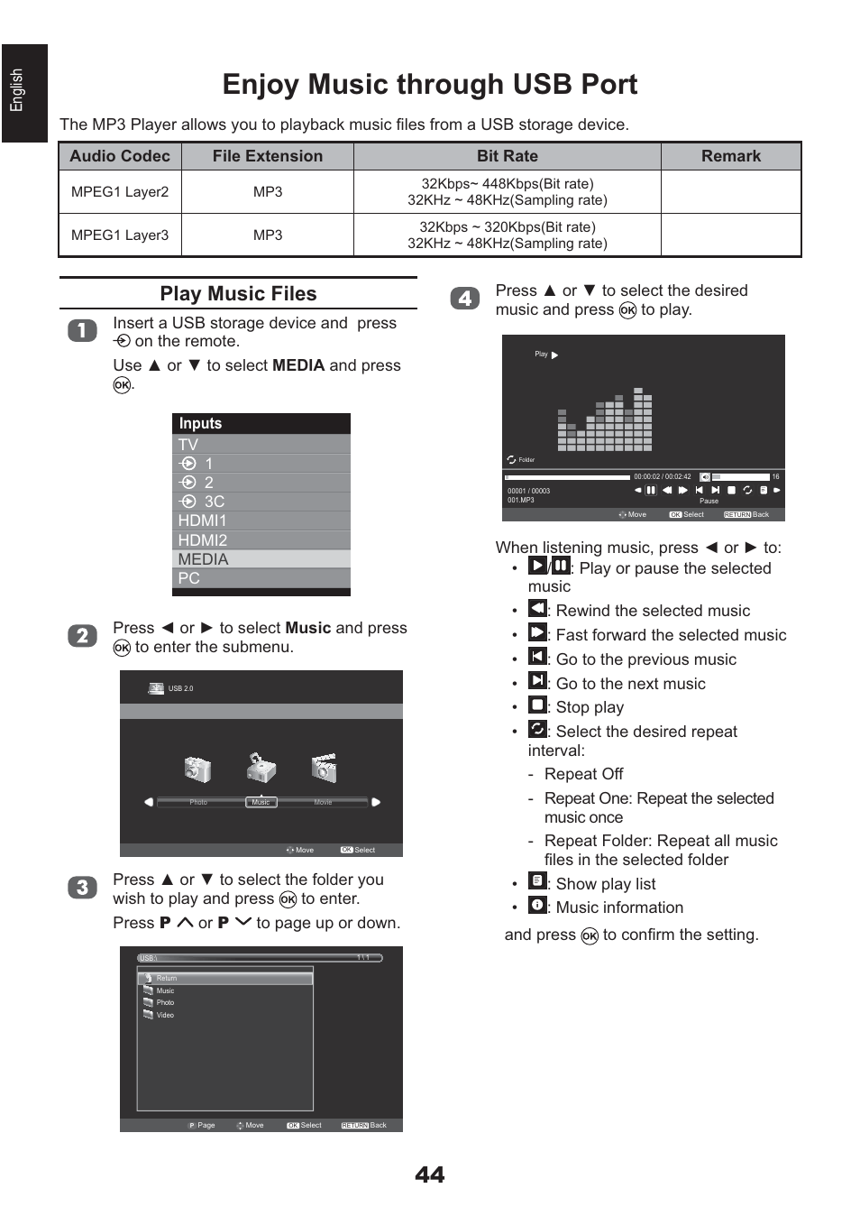 Enjoy music through usb port, Play music files | Toshiba AV933 User Manual | Page 44 / 68