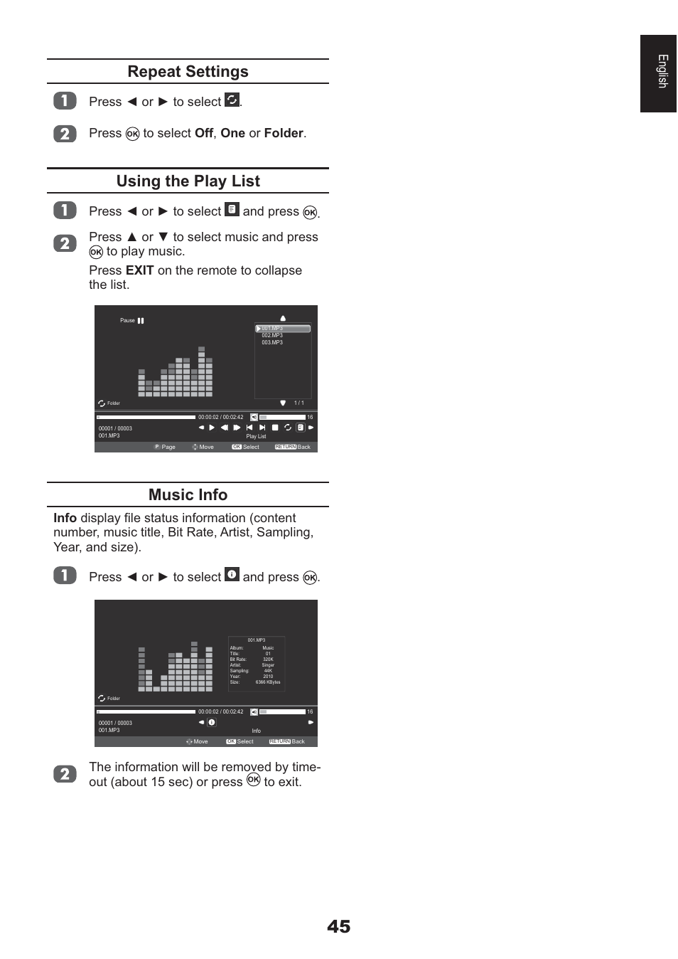 Repeat settings, Using the play list, Music info | English | Toshiba AV933 User Manual | Page 45 / 68