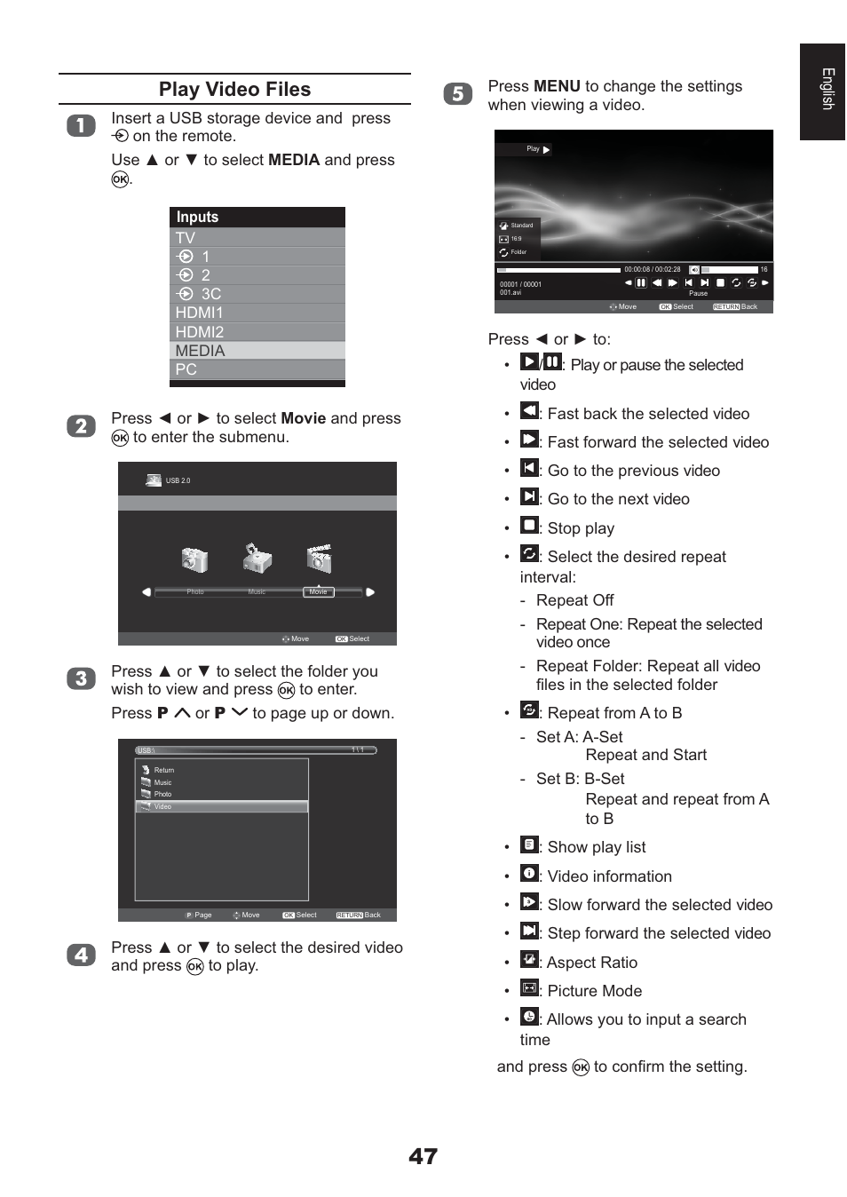 Play video files | Toshiba AV933 User Manual | Page 47 / 68