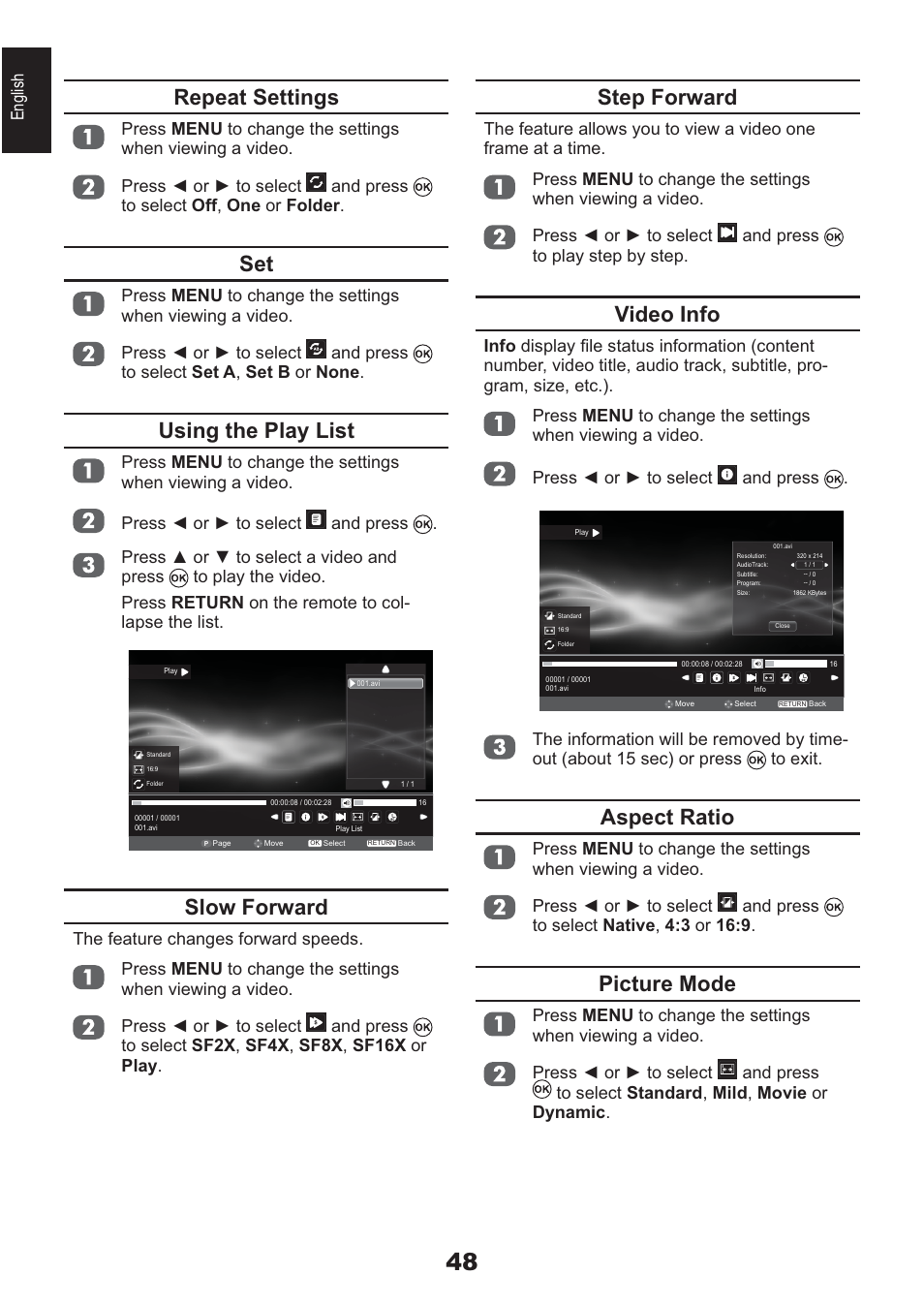 Step forward, Video info, Aspect ratio | Picture mode, Repeat settings, Using the play list, Slow forward, English | Toshiba AV933 User Manual | Page 48 / 68