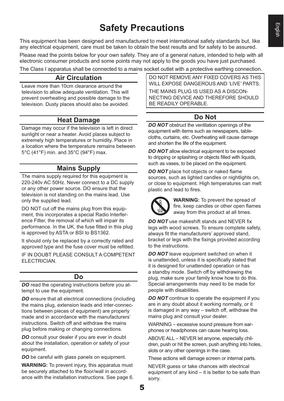 Safety precautions, Air circulation, Heat damage | Mains supply, Do not | Toshiba AV933 User Manual | Page 5 / 68