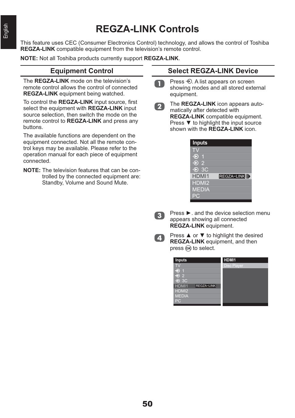 Regza-link controls, Equipment control, Select regza-link device | Toshiba AV933 User Manual | Page 50 / 68