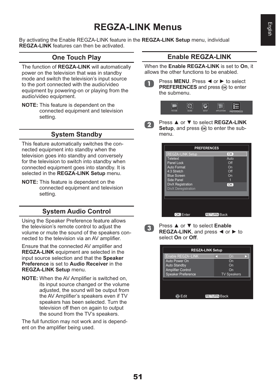 Regza-link menus, One touch play, System standby | System audio control, Enable regza-link | Toshiba AV933 User Manual | Page 51 / 68