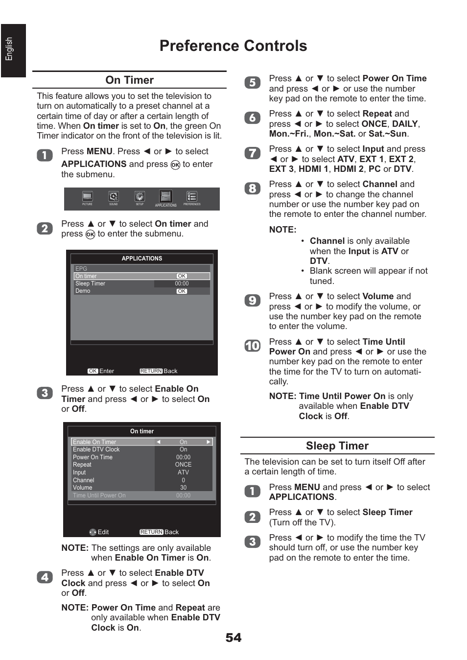 Preference controls, On timer, Sleep timer | Toshiba AV933 User Manual | Page 54 / 68