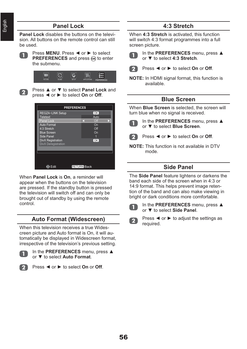 3 stretch, Blue screen, Side panel | Panel lock, Auto format (widescreen) | Toshiba AV933 User Manual | Page 56 / 68