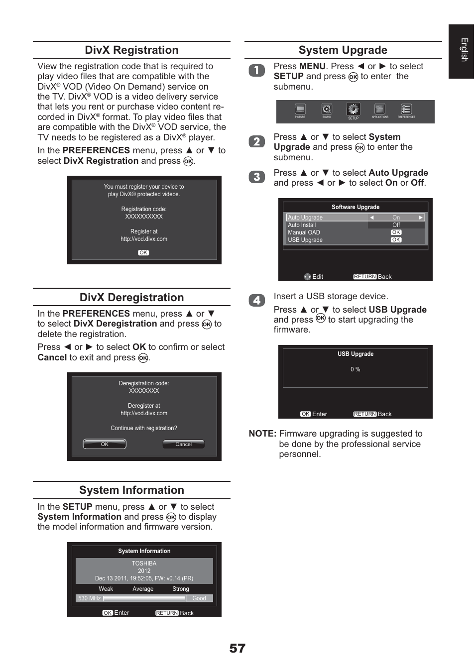 Divx registration, Divx deregistration, System information | System upgrade, English, Vod (video on demand) service on the tv. divx | Toshiba AV933 User Manual | Page 57 / 68