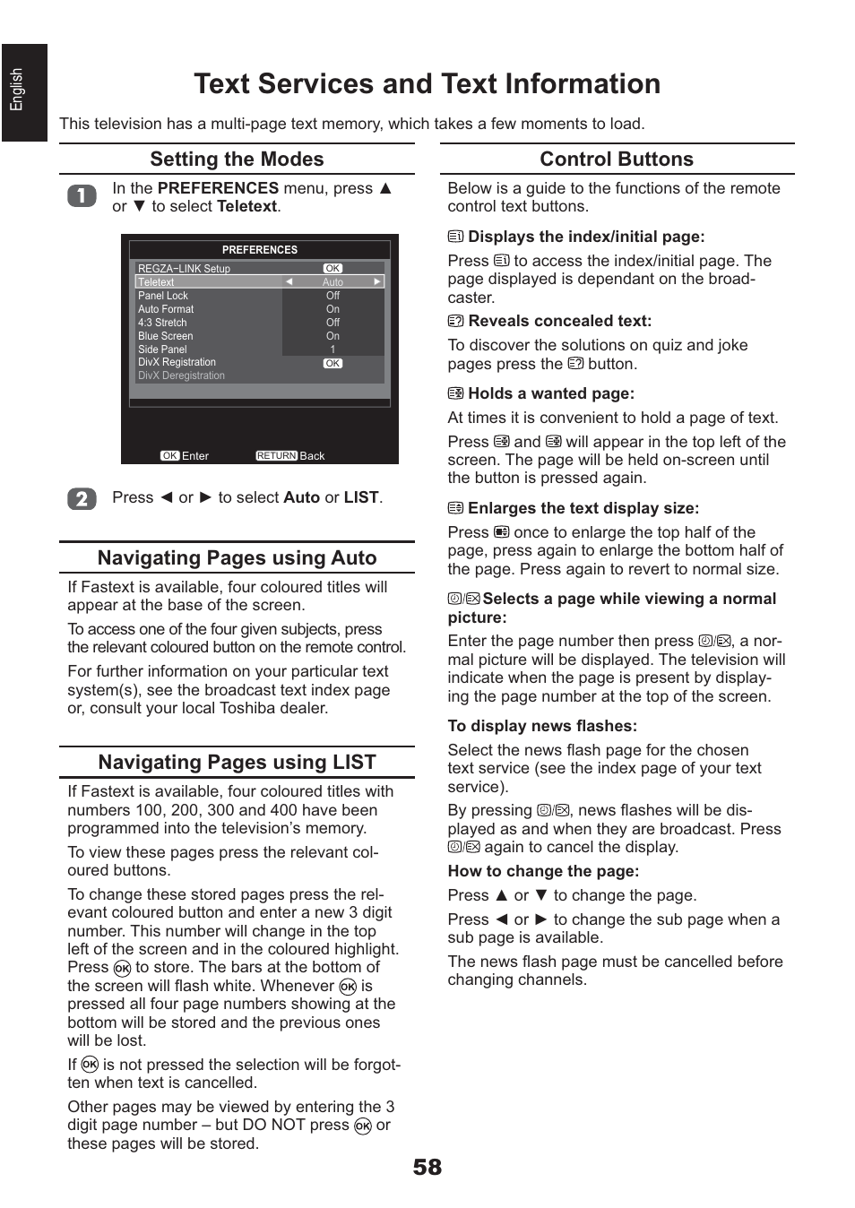 Text services and text information, Control buttons, Setting the modes | Navigating pages using auto, Navigating pages using list | Toshiba AV933 User Manual | Page 58 / 68