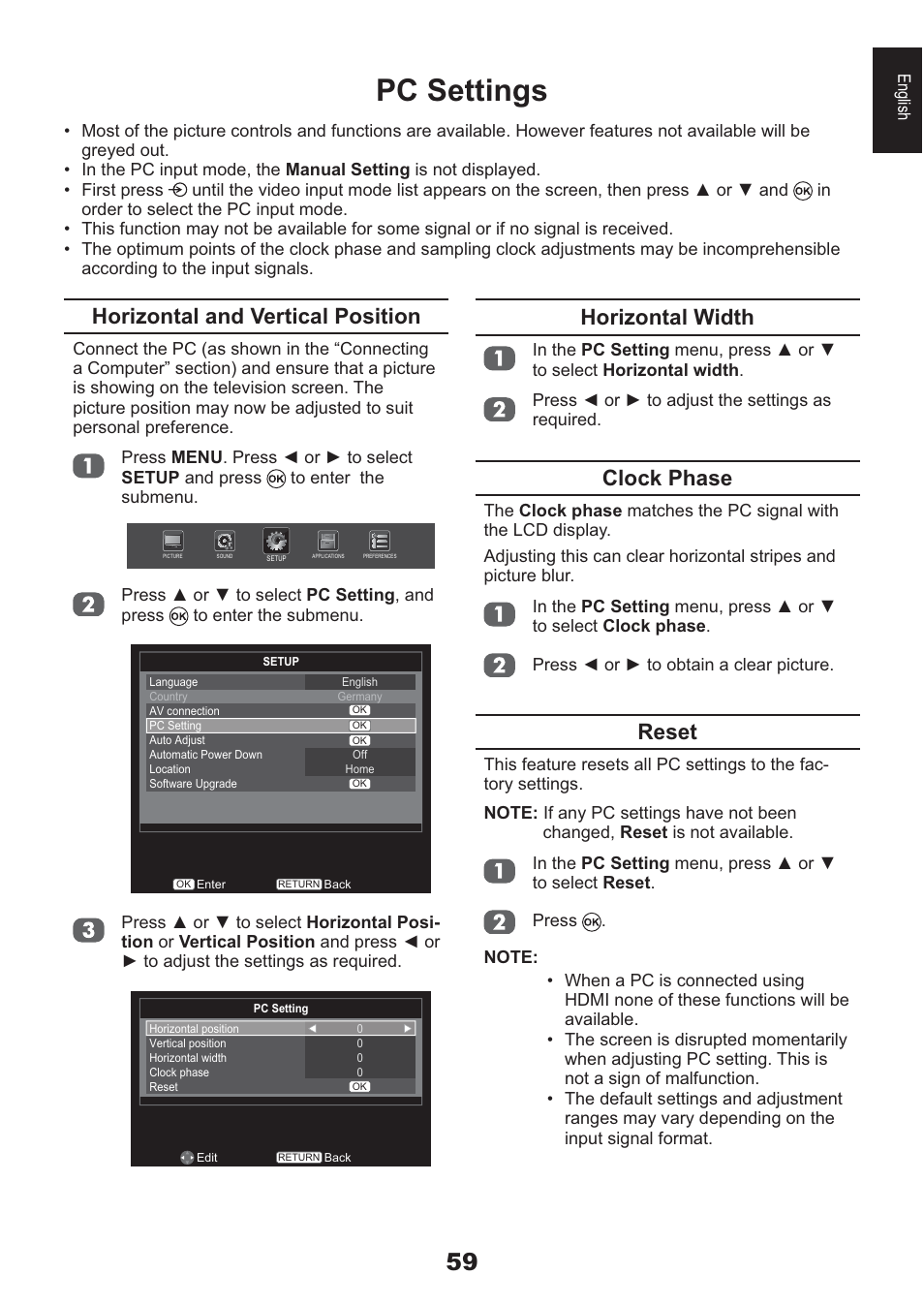 Pc settings, Horizontal and vertical position, Horizontal width | Clock phase, Reset | Toshiba AV933 User Manual | Page 59 / 68