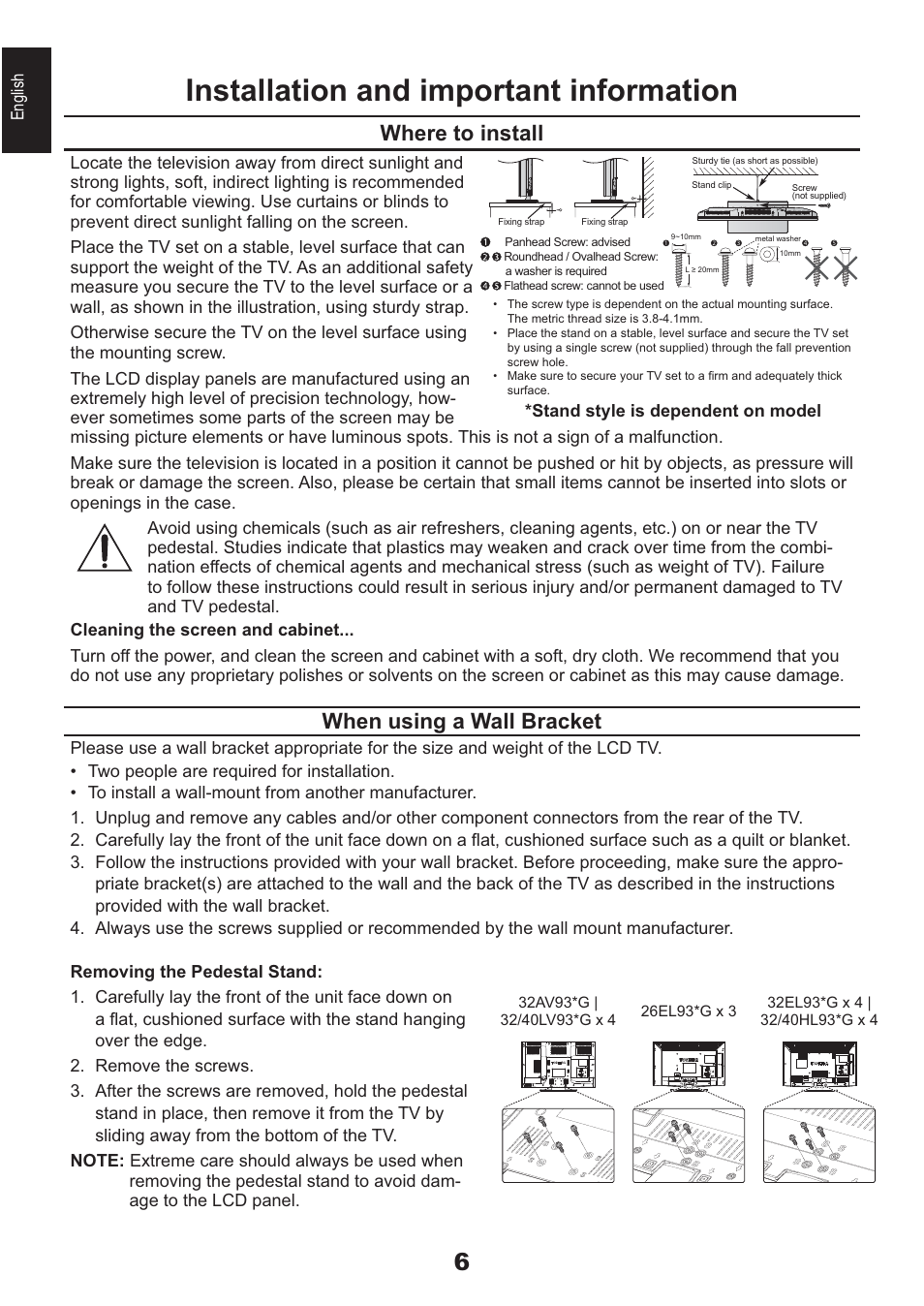 Installation and important information, Where to install, When using a wall bracket | English | Toshiba AV933 User Manual | Page 6 / 68