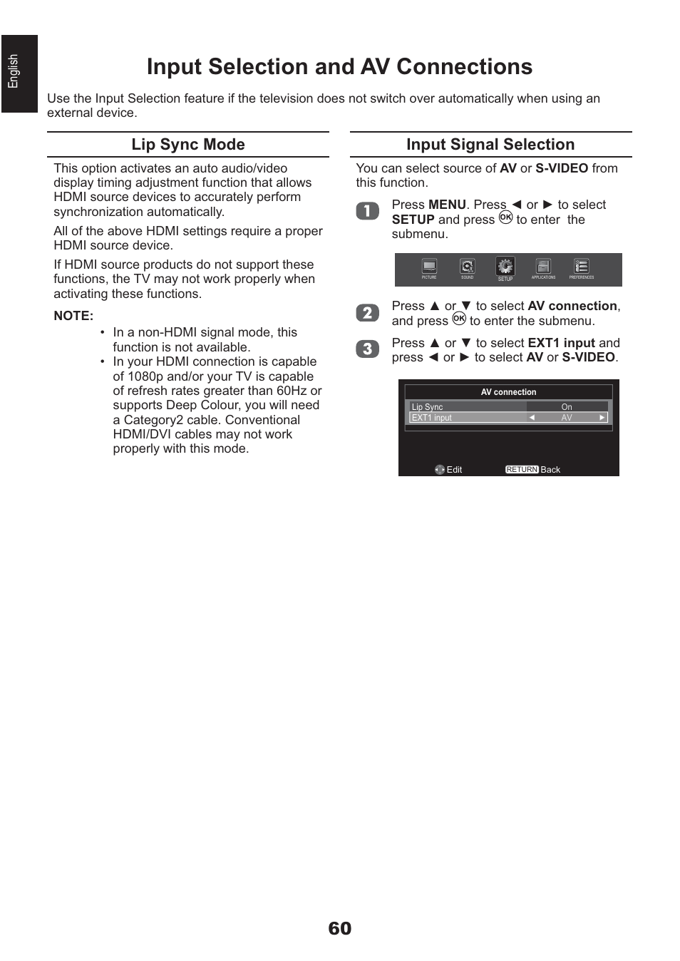 Input selection and av connections, Input signal selection, Lip sync mode | Toshiba AV933 User Manual | Page 60 / 68