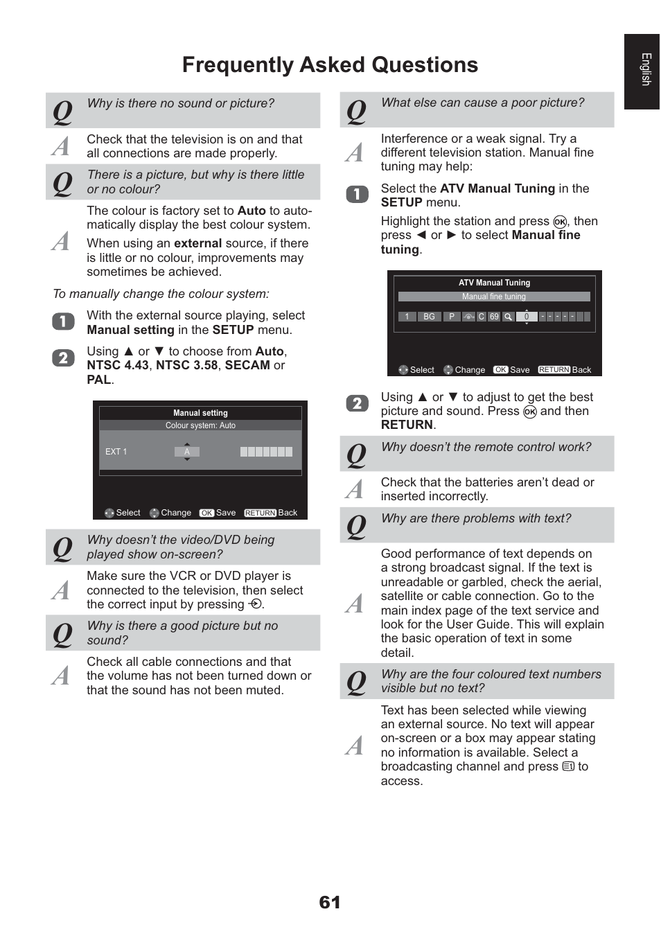 Frequently asked questions | Toshiba AV933 User Manual | Page 61 / 68