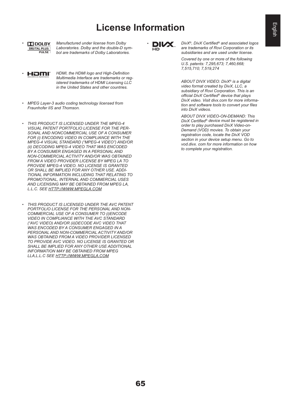 License information, English | Toshiba AV933 User Manual | Page 65 / 68