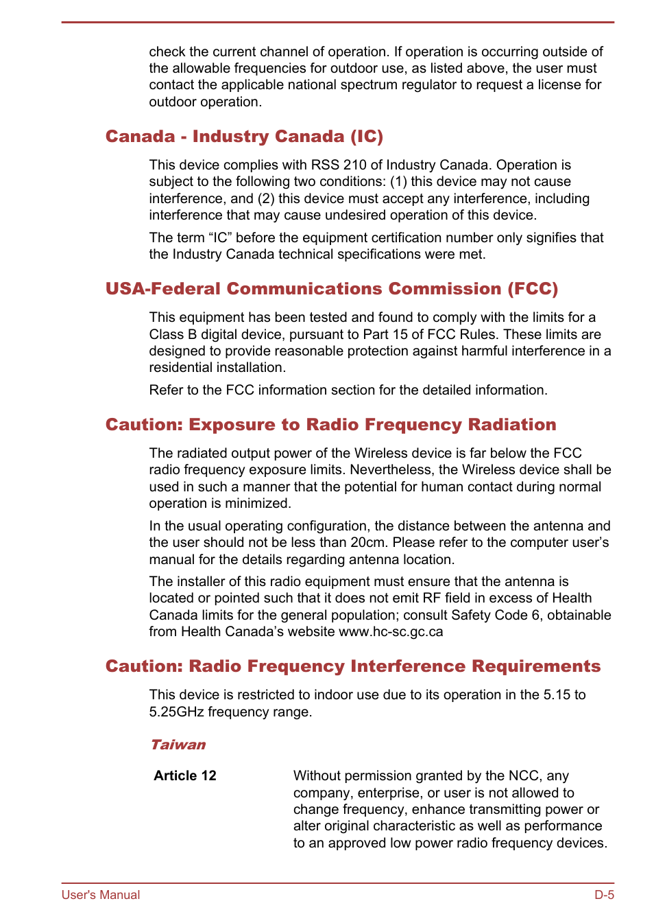 Canada - industry canada (ic), Usa-federal communications commission (fcc), Caution: exposure to radio frequency radiation | Caution: radio frequency interference requirements | Toshiba Satellite U840W User Manual | Page 114 / 120