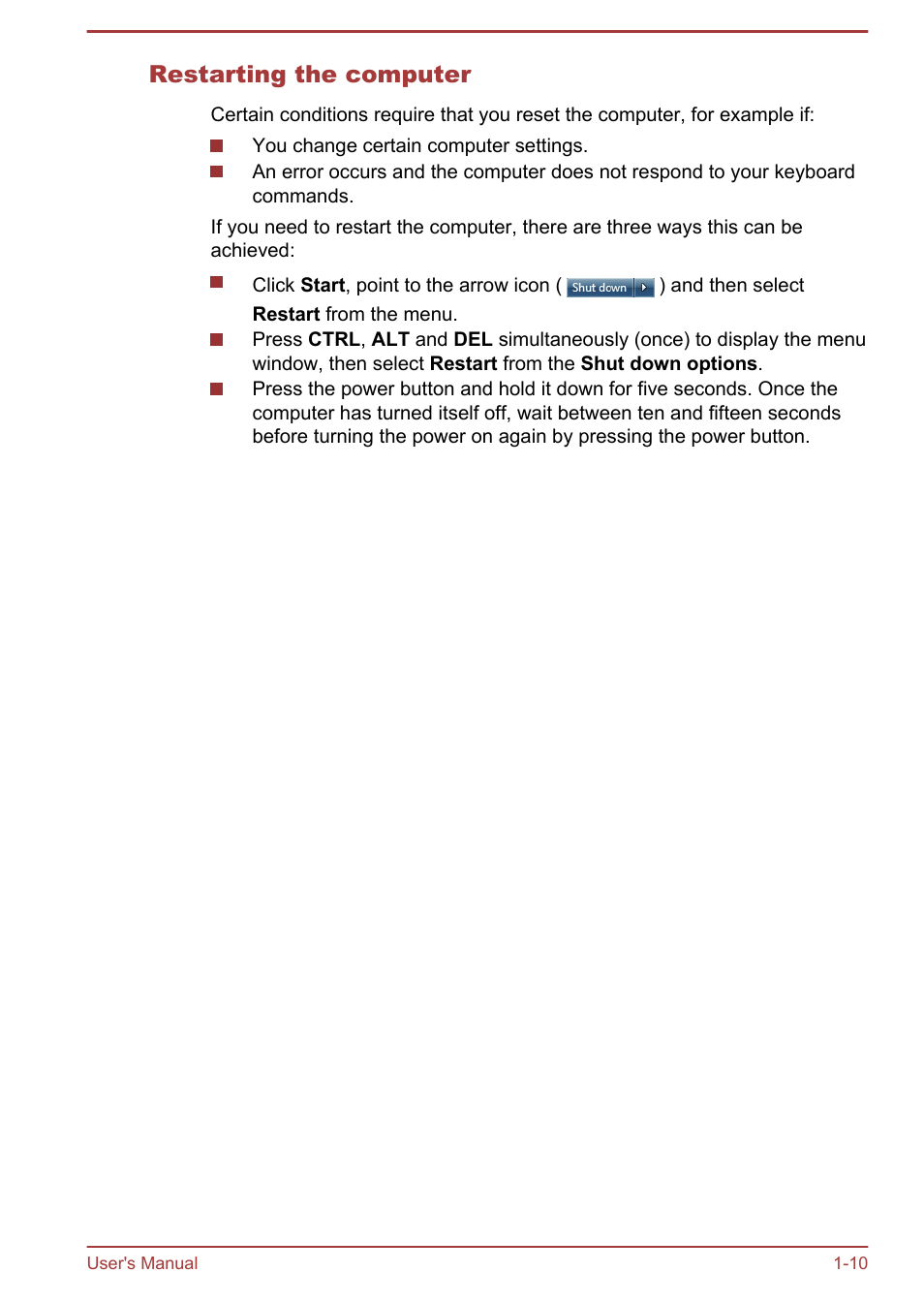 Restarting the computer | Toshiba Satellite U840W User Manual | Page 24 / 120
