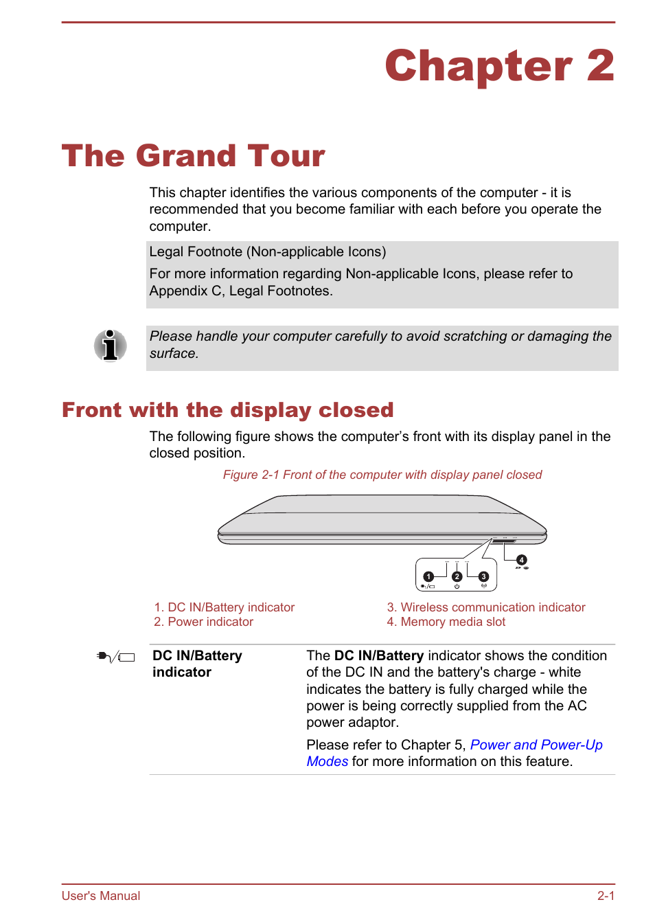 Chapter 2 the grand tour, Front with the display closed, Chapter 2 | The grand tour, Front with the display closed -1 | Toshiba Satellite U840W User Manual | Page 25 / 120