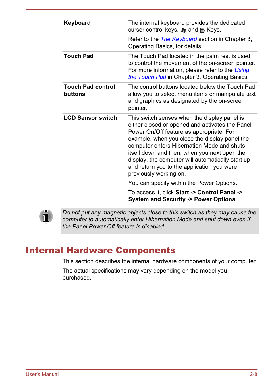 Internal hardware components, Internal hardware components -8 | Toshiba Satellite U840W User Manual | Page 32 / 120