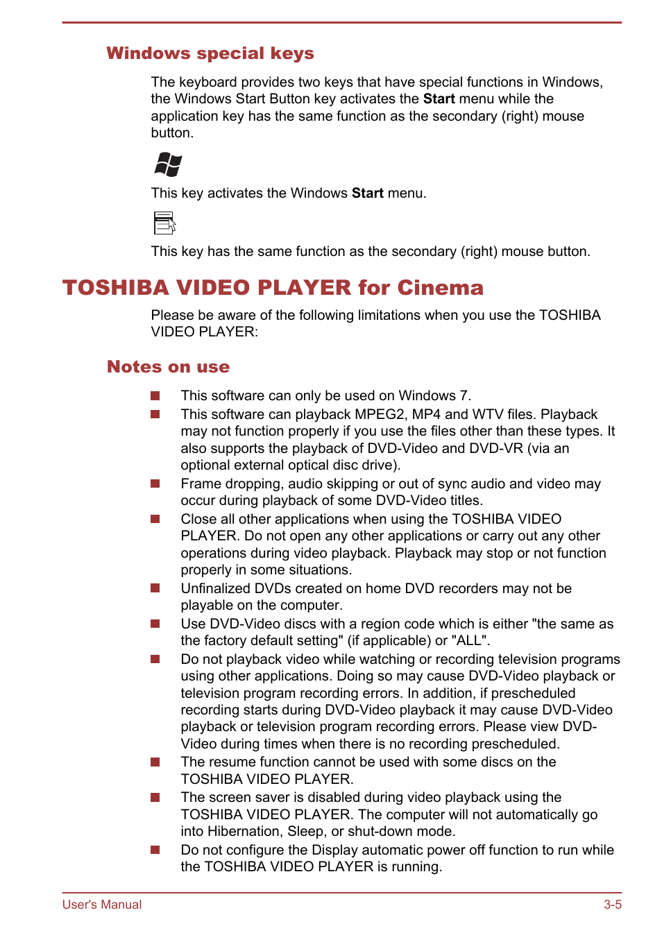Windows special keys, Toshiba video player for cinema, Notes on use | Toshiba video player for cinema -5 | Toshiba Satellite U840W User Manual | Page 41 / 120