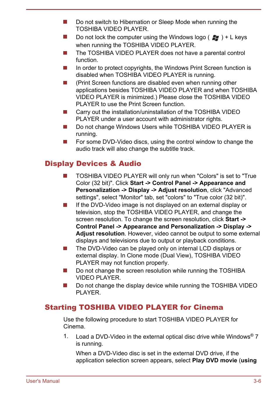 Display devices & audio, Starting toshiba video player for cinema | Toshiba Satellite U840W User Manual | Page 42 / 120