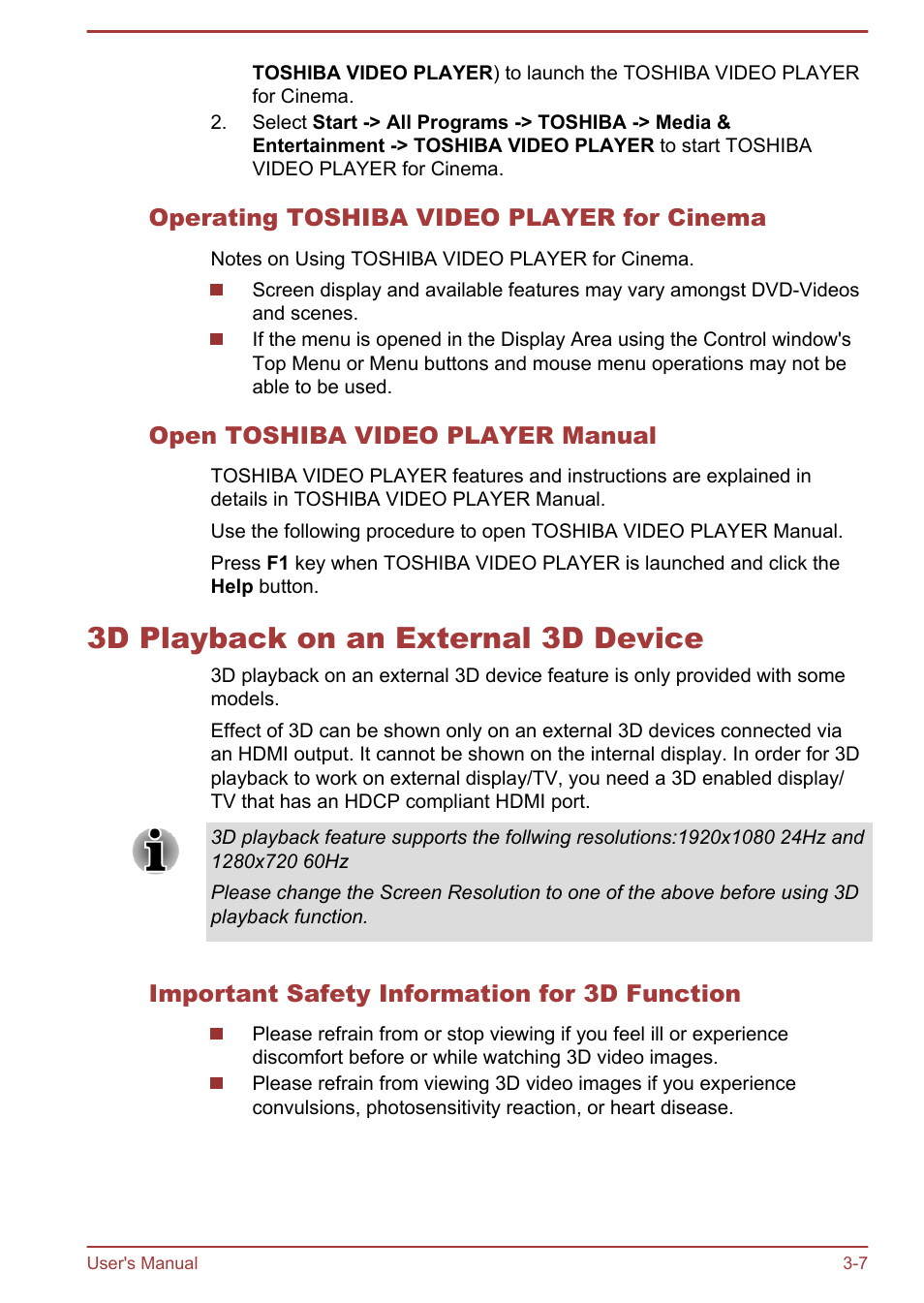 Operating toshiba video player for cinema, Open toshiba video player manual, 3d playback on an external 3d device | Important safety information for 3d function, 3d playback on an external 3d device -7 | Toshiba Satellite U840W User Manual | Page 43 / 120
