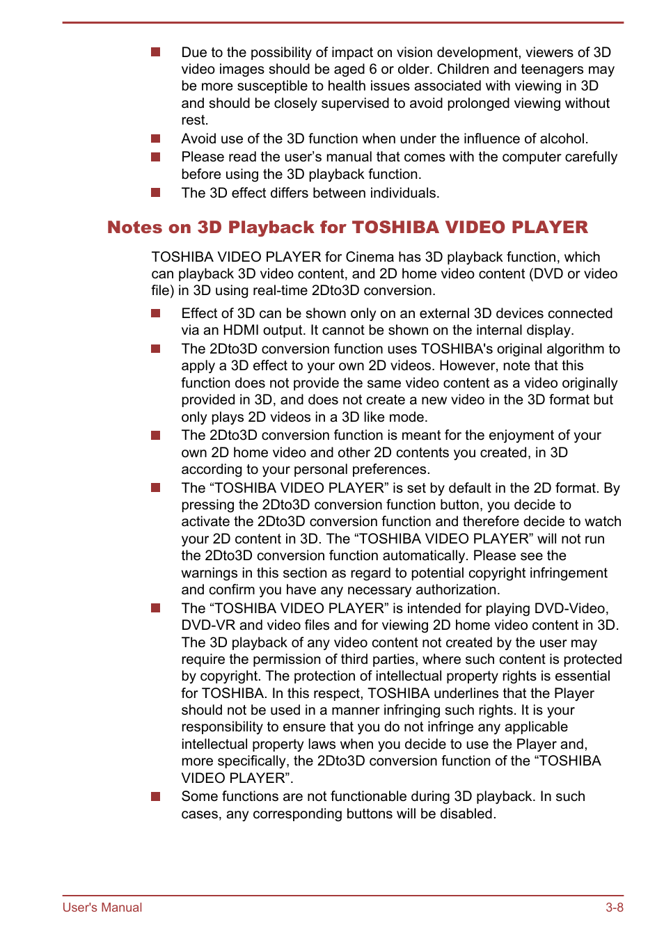 Notes on 3d playback for toshiba video player | Toshiba Satellite U840W User Manual | Page 44 / 120