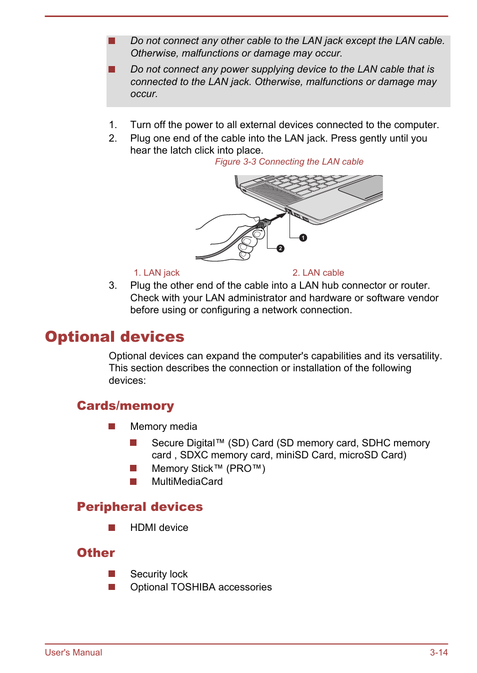 Optional devices, Cards/memory, Peripheral devices | Other, Optional devices -14 | Toshiba Satellite U840W User Manual | Page 50 / 120