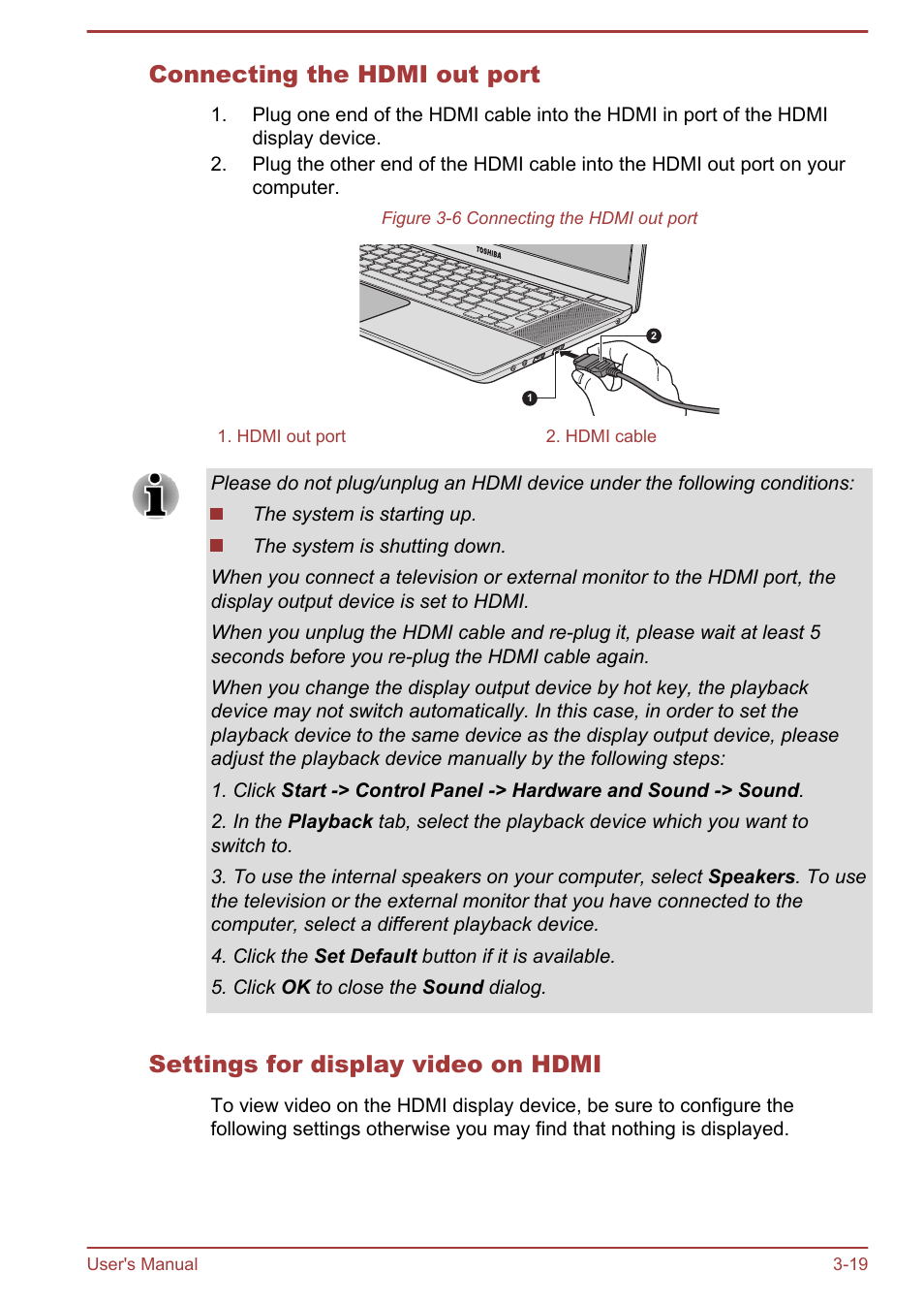 Connecting the hdmi out port, Settings for display video on hdmi | Toshiba Satellite U840W User Manual | Page 55 / 120