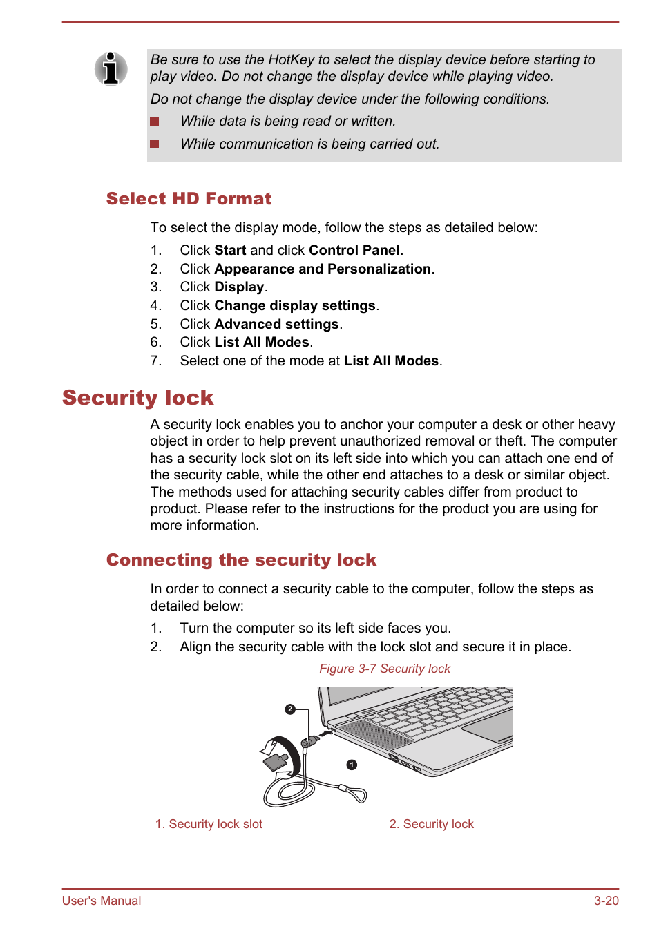 Select hd format, Security lock, Connecting the security lock | Security lock -20 | Toshiba Satellite U840W User Manual | Page 56 / 120