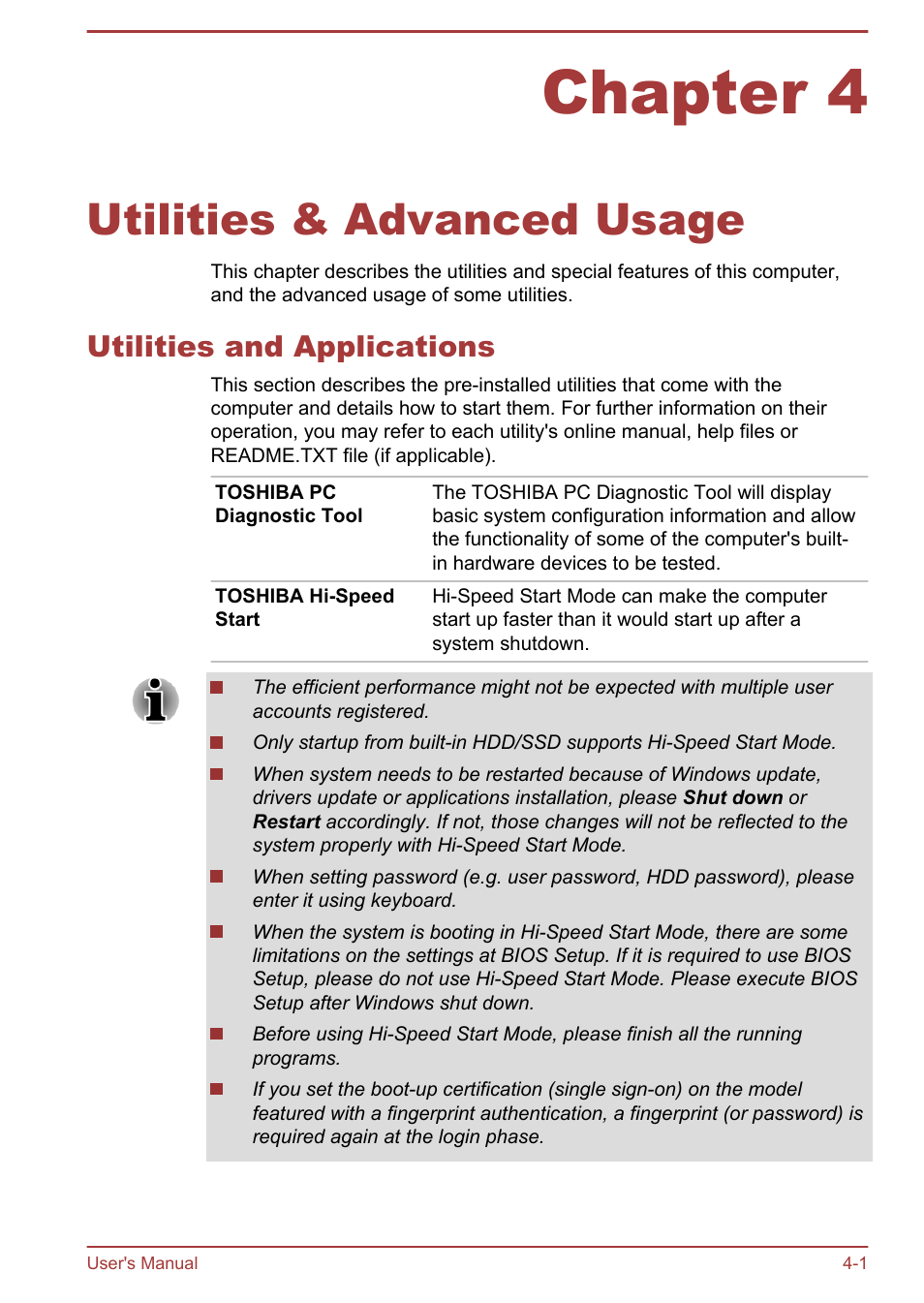 Chapter 4 utilities & advanced usage, Utilities and applications, Chapter 4 | Utilities & advanced usage, Utilities and applications -1 | Toshiba Satellite U840W User Manual | Page 61 / 120