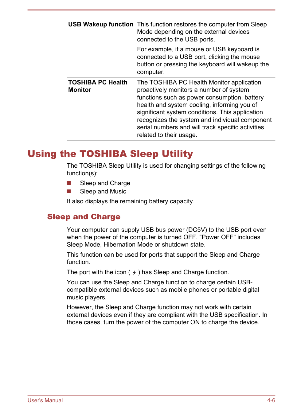Using the toshiba sleep utility, Sleep and charge, Using the toshiba sleep utility -6 | Toshiba Satellite U840W User Manual | Page 66 / 120