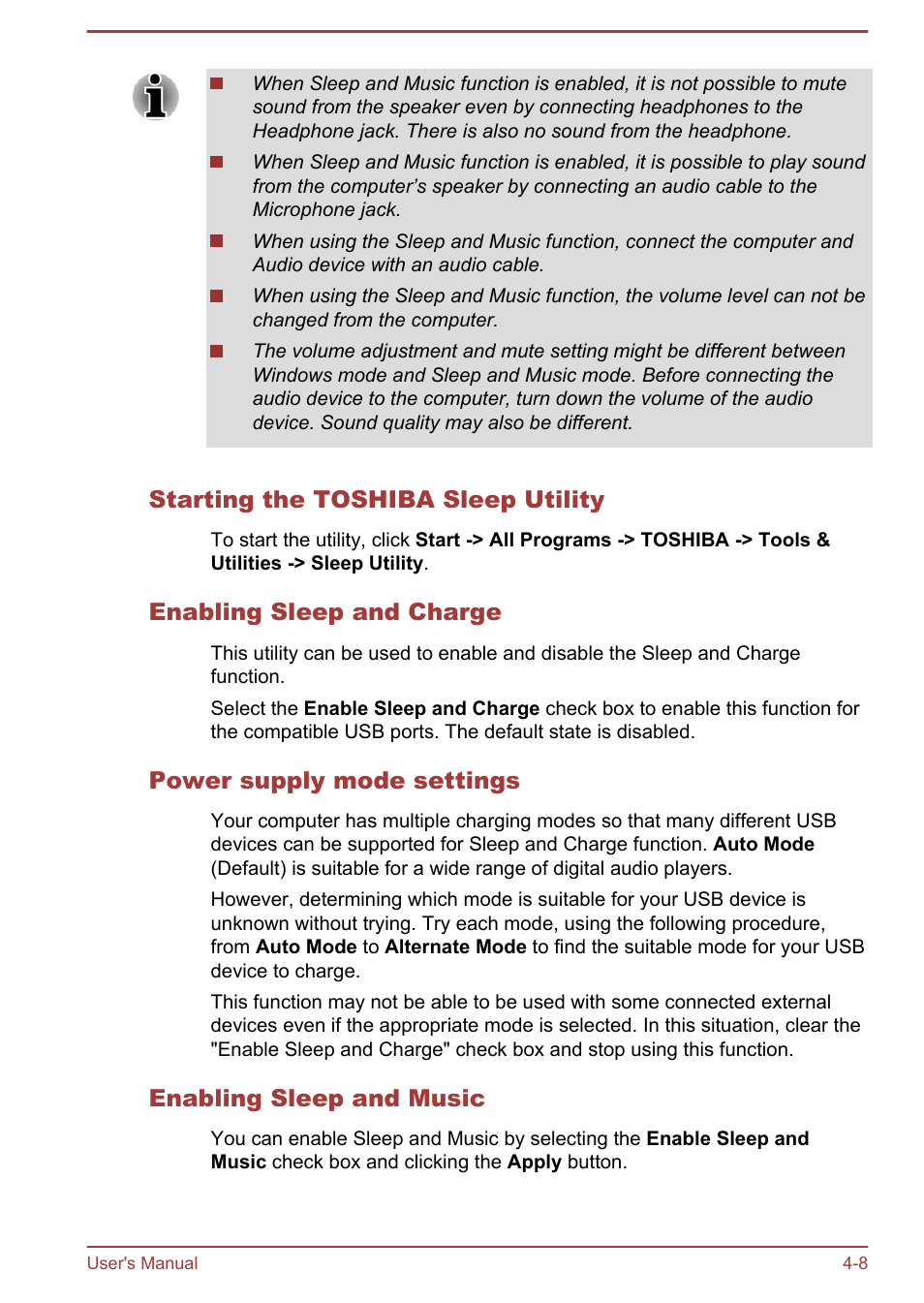 Starting the toshiba sleep utility, Enabling sleep and charge, Power supply mode settings | Enabling sleep and music | Toshiba Satellite U840W User Manual | Page 68 / 120