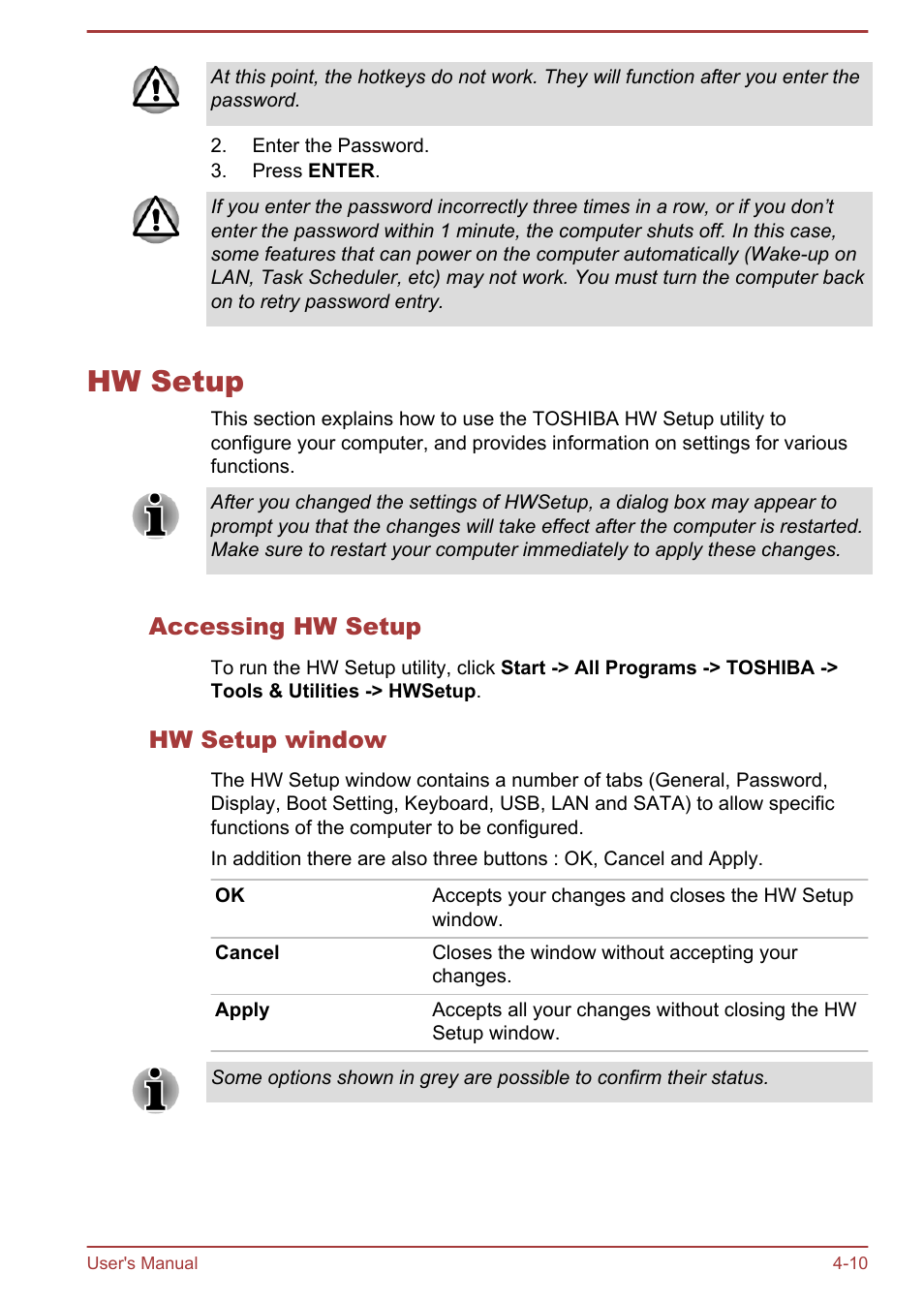 Hw setup, Accessing hw setup, Hw setup window | Hw setup -10 | Toshiba Satellite U840W User Manual | Page 70 / 120