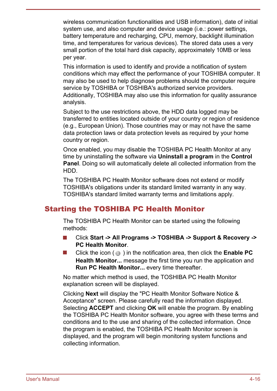 Starting the toshiba pc health monitor | Toshiba Satellite U840W User Manual | Page 76 / 120