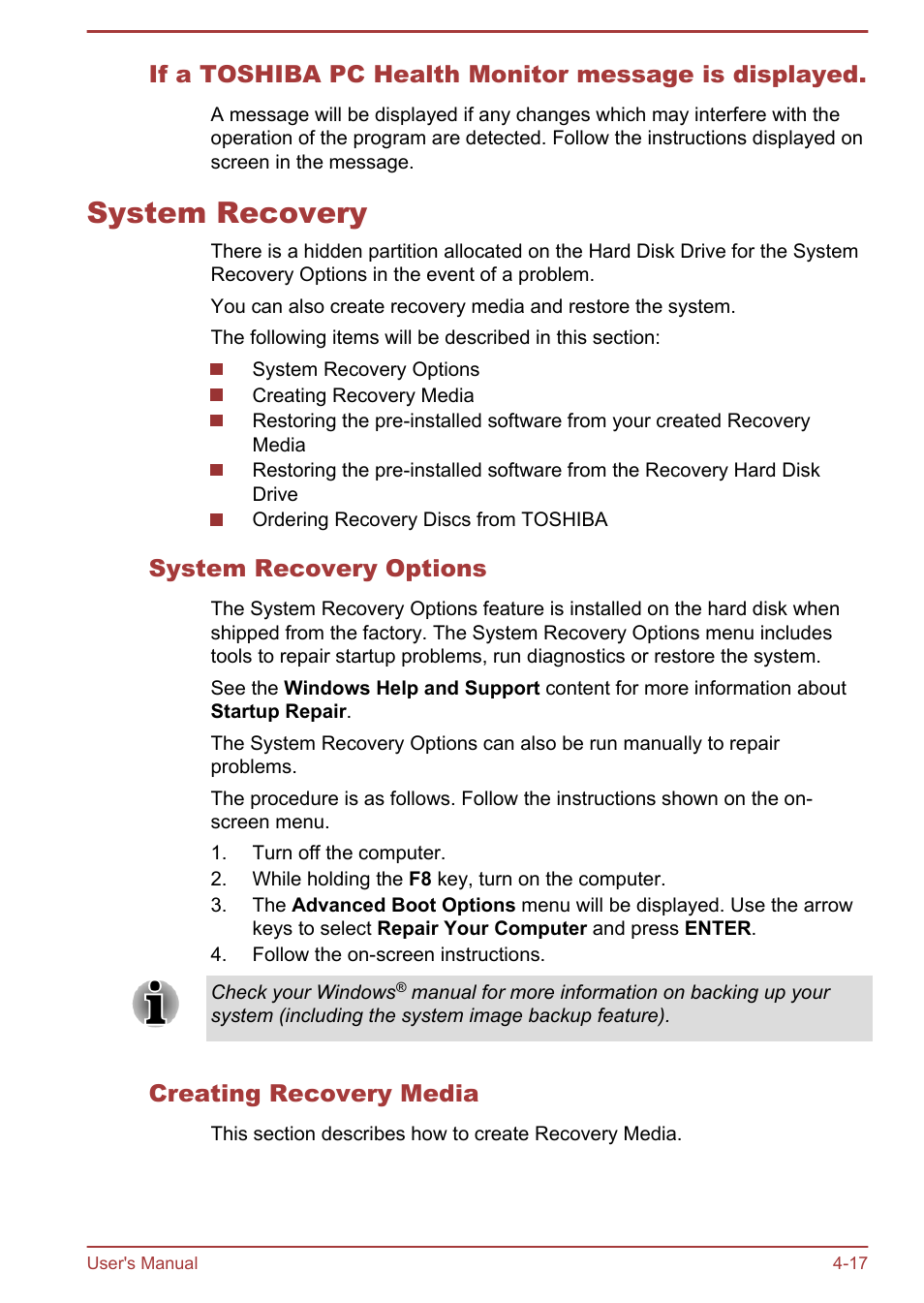 System recovery, System recovery options, Creating recovery media | System recovery -17 | Toshiba Satellite U840W User Manual | Page 77 / 120