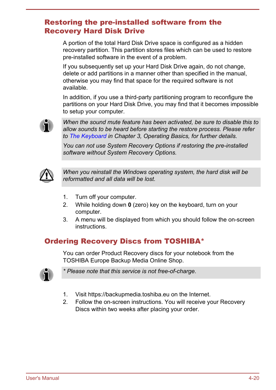 Ordering recovery discs from toshiba | Toshiba Satellite U840W User Manual | Page 80 / 120