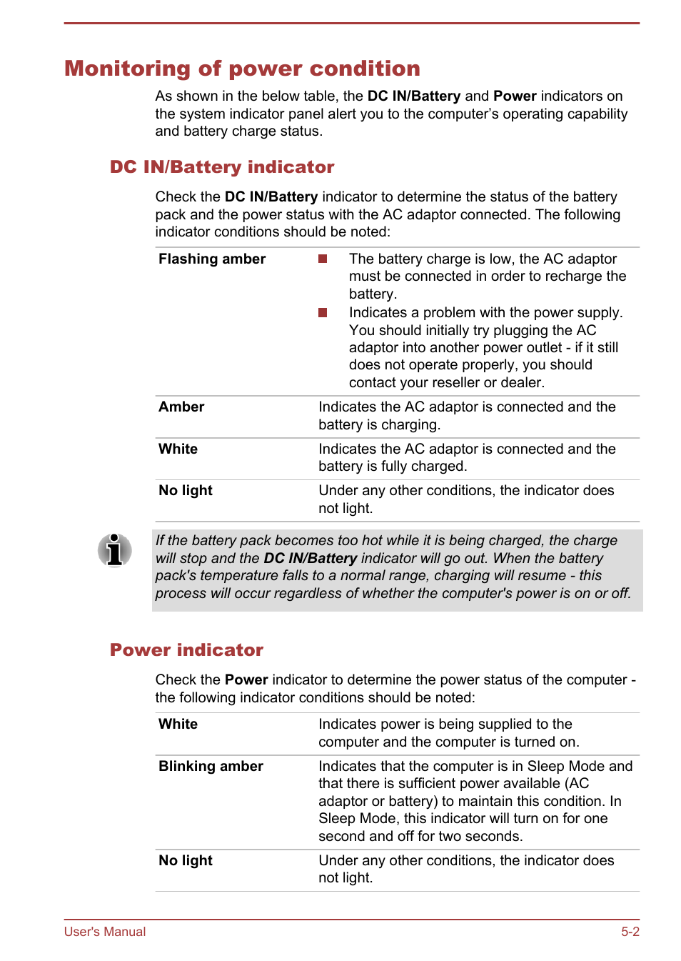 Monitoring of power condition, Dc in/battery indicator, Power indicator | Monitoring of power condition -2 | Toshiba Satellite U840W User Manual | Page 82 / 120
