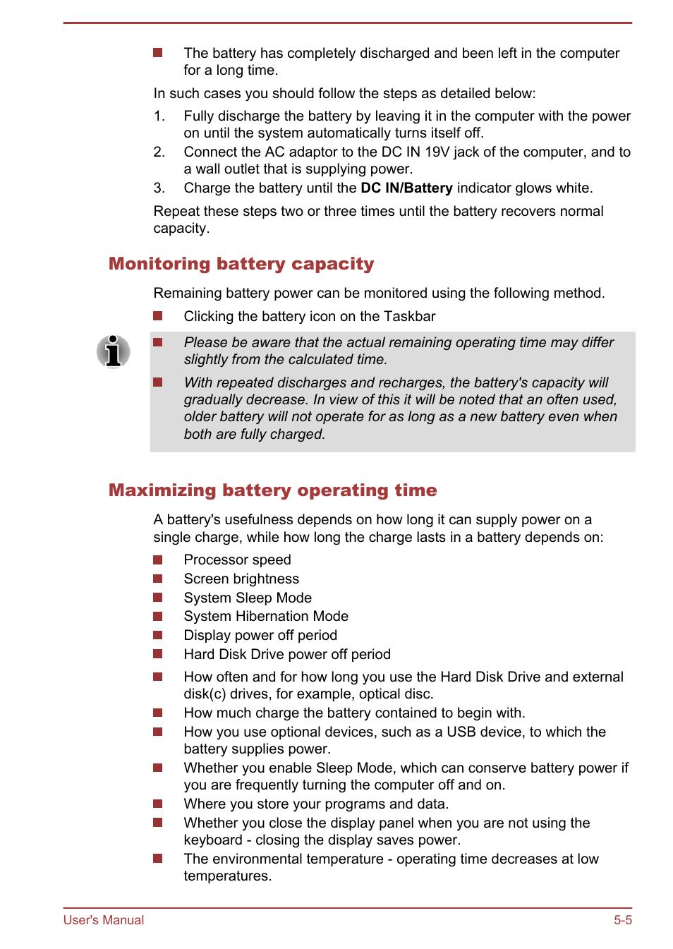 Monitoring battery capacity, Maximizing battery operating time | Toshiba Satellite U840W User Manual | Page 85 / 120