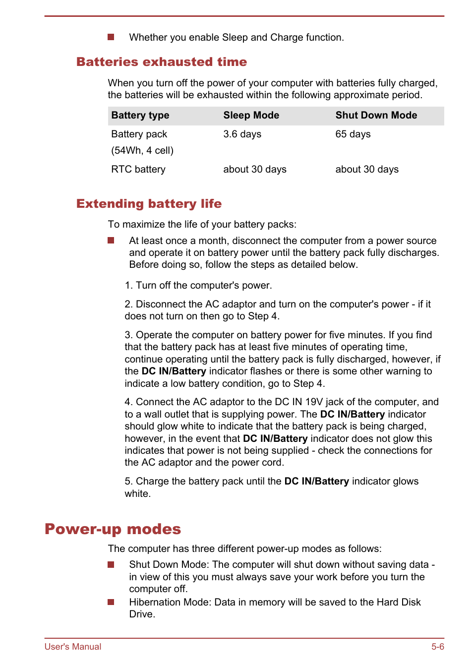 Batteries exhausted time, Extending battery life, Power-up modes | Power-up modes -6 | Toshiba Satellite U840W User Manual | Page 86 / 120