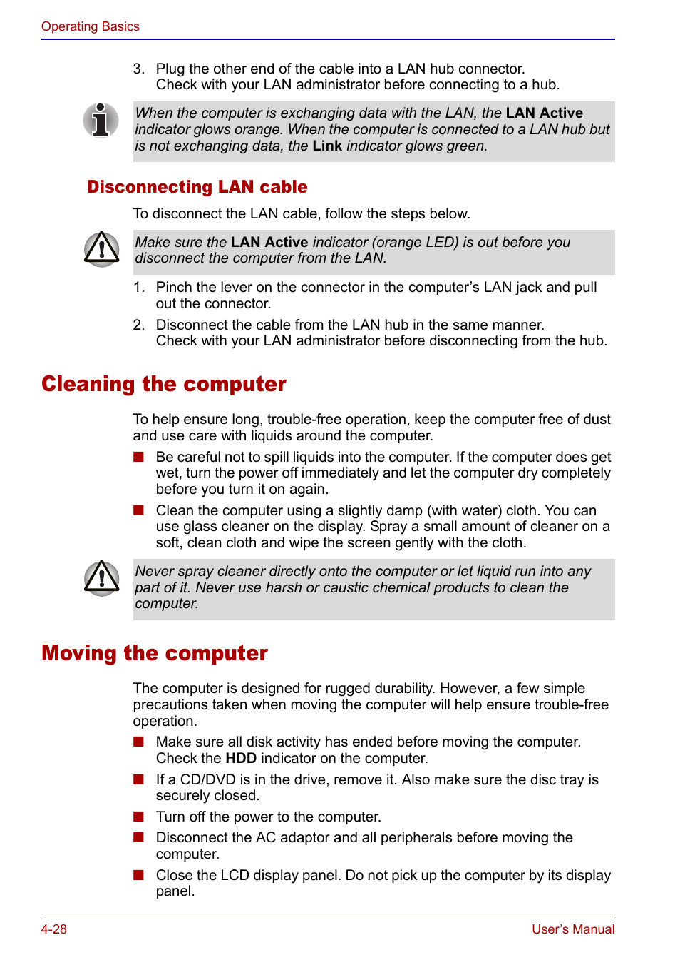 Cleaning the computer, Moving the computer, Cleaning the computer -28 moving the computer -28 | Disconnecting lan cable | Toshiba Qosmio F20 (PQF22) User Manual | Page 100 / 282