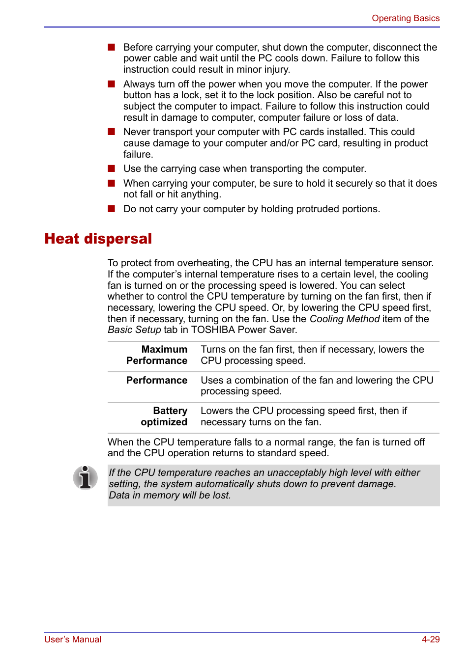 Heat dispersal, Heat dispersal -29 | Toshiba Qosmio F20 (PQF22) User Manual | Page 101 / 282