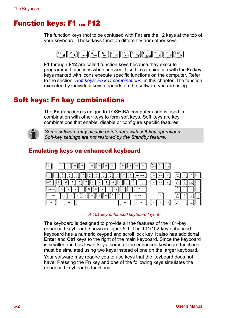 Function keys: f1 … f12, Soft keys: fn key combinations | Toshiba Qosmio F20 (PQF22) User Manual | Page 104 / 282