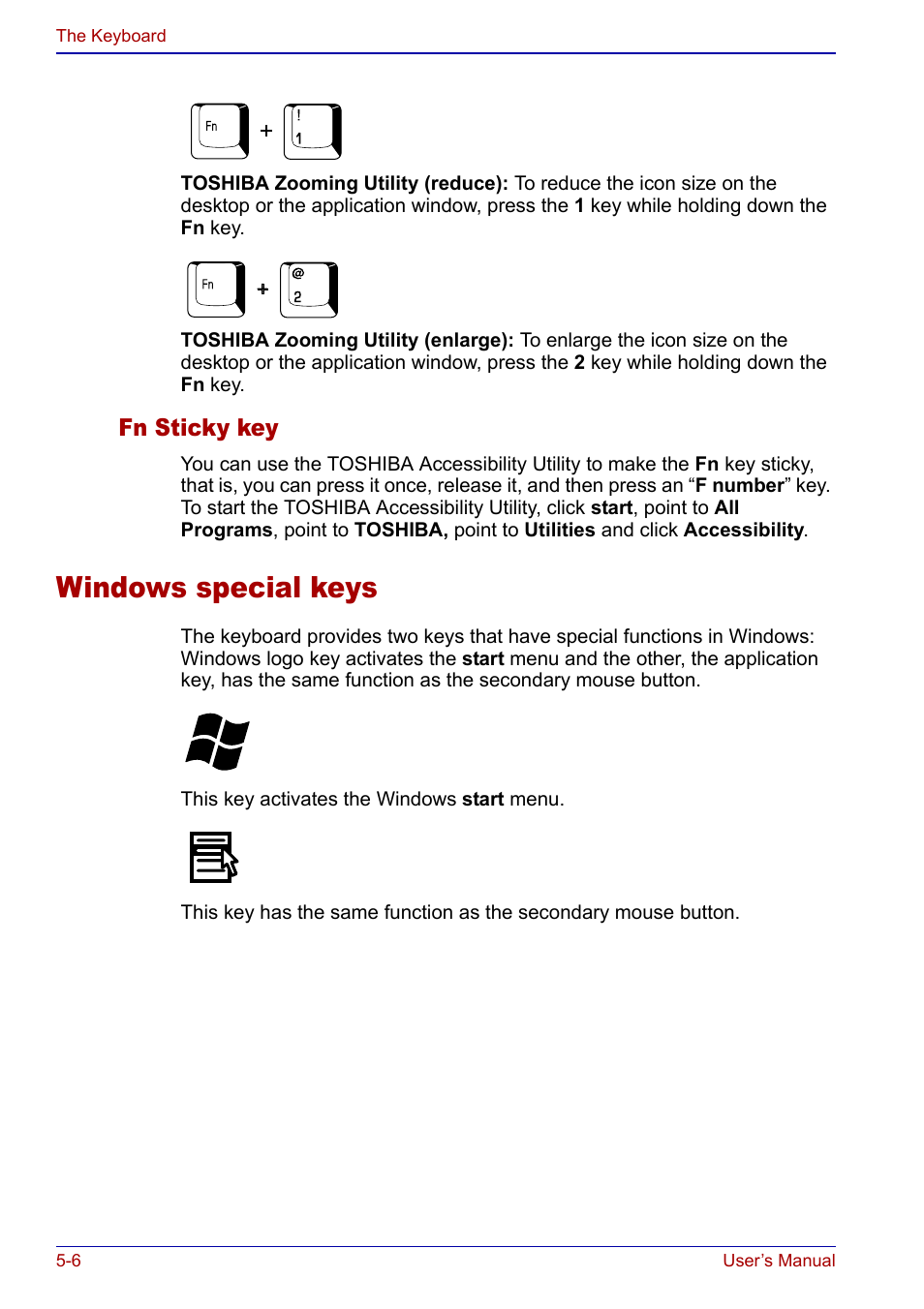 Windows special keys, Windows special keys -6, Fn sticky key | Toshiba Qosmio F20 (PQF22) User Manual | Page 108 / 282