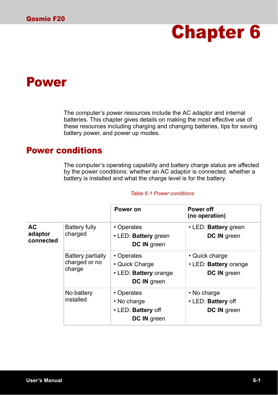 Chapter 6 - power, Power conditions, Chapter 6 | Power, Power conditions -1, Apter 6 | Toshiba Qosmio F20 (PQF22) User Manual | Page 111 / 282