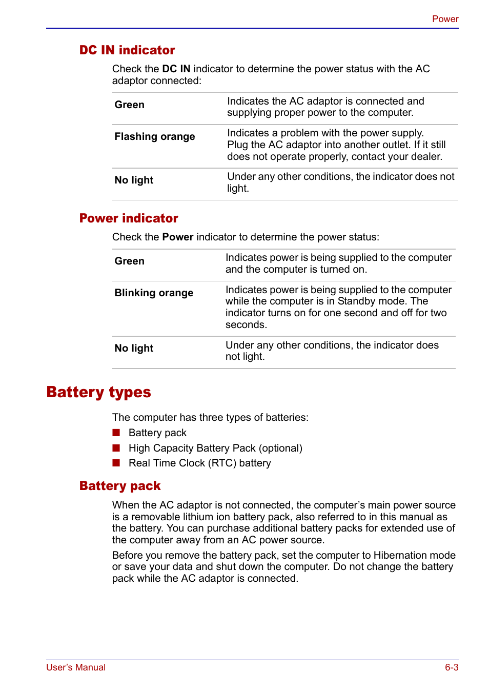 Battery types, Battery types -3, Dc in indicator | Power indicator, Battery pack | Toshiba Qosmio F20 (PQF22) User Manual | Page 113 / 282